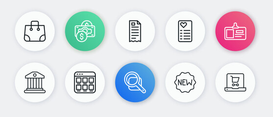 Set line Magnifying glass, Identification badge, Bank building, Price tag with New, Shopping list, Financial check, cart screen laptop and Online shopping icon. Vector