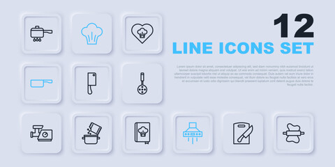 Set line Cutting board and knife, Rolling pin on dough, Meat chopper, Kitchen extractor fan, Frying pan, Cooking pot spice, Chef hat and Cookbook icon. Vector