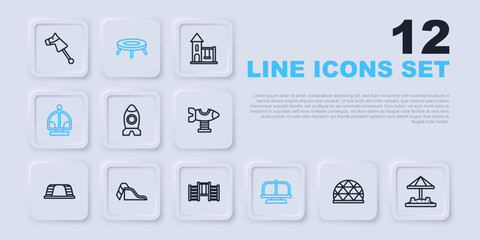 Set line Playground climbing equipment, Sandbox with sand, Rocket ship toy, Attraction carousel, Slide playground, Jumping trampoline and Swedish wall icon. Vector