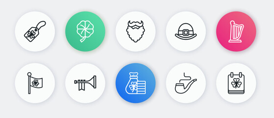 Set line Money bag with clover, Harp, Ireland flag, Smoking pipe, Leprechaun hat, Mustache beard, Saint Patricks day calendar and Trumpet icon. Vector