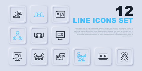 Set line Video chat conference, Web camera, Freelancer, Meeting, and icon. Vector