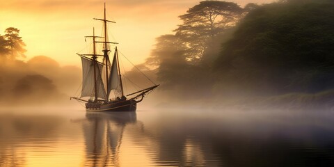 A sailboat on a misty river at dawn