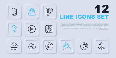 Set line Moon phases, Rooster weather vane, Compass west, Cloud with moon, and lightning, rain, Rainbow cloud and north icon. Vector