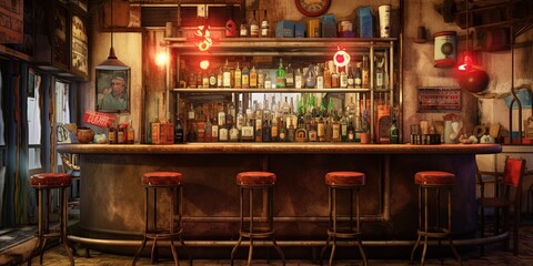 A small bar with stools in a room