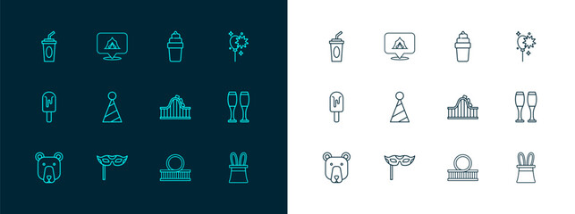 Set line Balloons with ribbon, Festive mask, Roller coaster, Party hat, Ice cream in waffle, Paper glass water and Circus tent icon. Vector