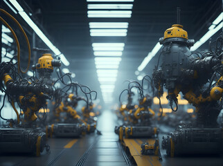 Portraying a bustling industrial factory floor where automated robots work in harmony with skilled technicians to manufacture intricate electronic devices using state-of-the-art assembly lines