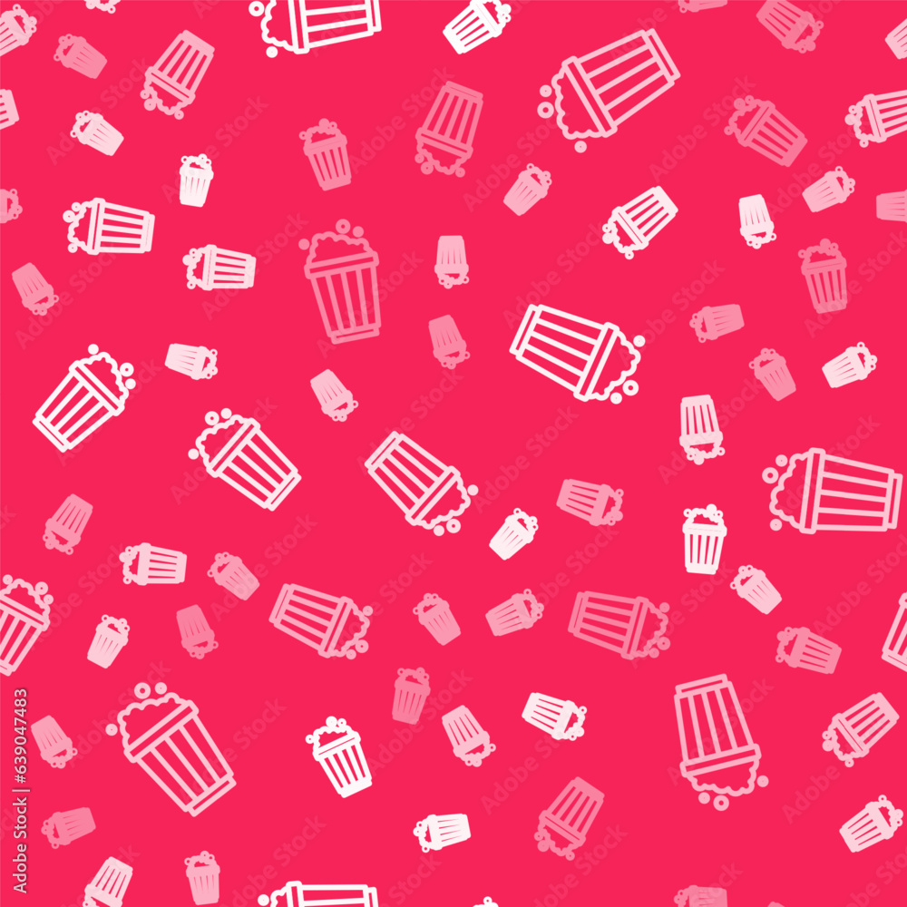 Poster white line popcorn in cardboard box icon isolated seamless pattern on red background. popcorn bucket