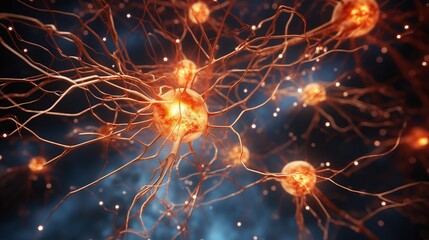 Obraz premium Intricate neural pathways in the brain, intricate nervous system, close-up of cells highlighting neurons and synapse-like formations depicting brain signaling.. ai generation