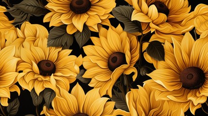  a bunch of yellow sunflowers with leaves on a black background.  generative ai