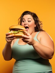 Fat woman with a burger taking a selfie, not a healthy diet, copy space