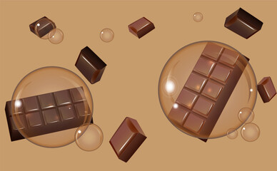 Lots of chocolate on a beige background with bubbles.