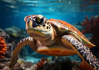 Obraz premium Green sea turtle on coral reef. Underwater world. Turtle with group of colorful fish and sea animals with colorful coral underwater in ocean.