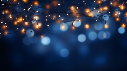 Fototapeta na wymiar Christmas lights on blue bokeh background. Xmas holiday concept. Glowing christmas lights with bokeh effect on dark background.