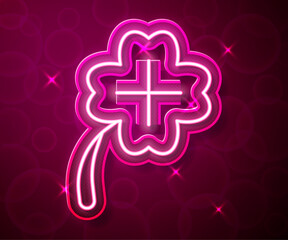 Glowing neon line Casino slot machine with clover symbol icon isolated on red background. Gambling games. Vector