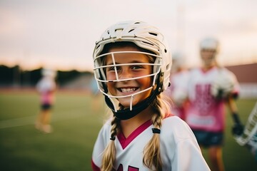 Portrait of smiling young female lacrosse player with helmet on field - Powered by Adobe