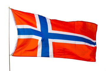 Cloth fabric flag of Norway waves on flagpole. Close up. Isolated over white background