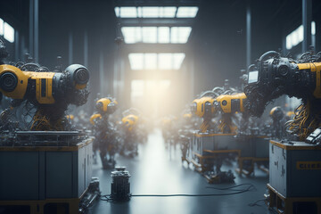 A bustling industrial factory floor where automated robots work in harmony with skilled technicians to manufacture intricate electronic devices using state-of-the-art assembly lines