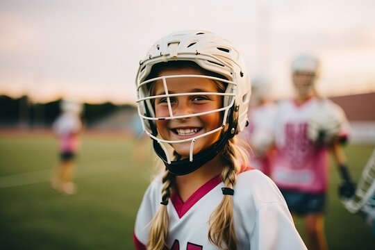 Portrait of smiling young female lacrosse player with helmet on field