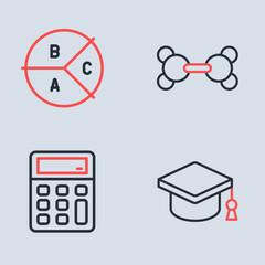 Set line Molecule, Calculator, Graduation cap and Pie chart infographic icon. Vector