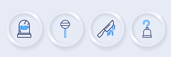 Set line Pirate hook, Bloody knife, Lollipop and Tombstone with RIP written icon. Vector