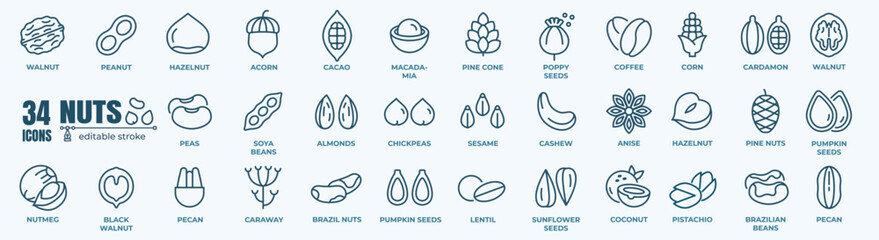 Naklejka na ściany i meble Nuts flat line icons set. Peanut, almond, chestnut, macadamia, cashew, pistachio, and pine seeds vector illustrations. Outline signs for healthy food stores. Pixel perfect 64x64. Editable Strokes 