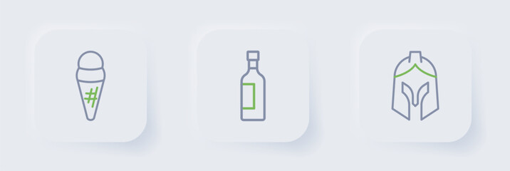 Set line Roman army helmet, Bottle of wine and Ice cream waffle icon. Vector