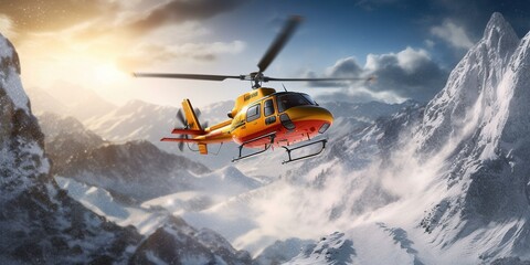 Alpine rescue helicopter flying in snow mountains