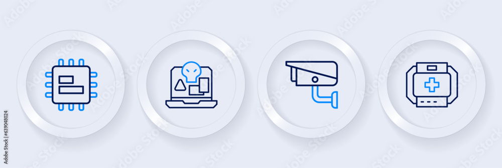 Poster set line first aid kit, security camera, internet piracy and processor cpu icon. vector