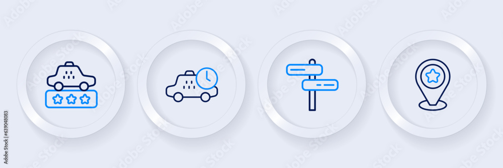 Poster set line location with star, road traffic sign, taxi waiting time and service rating icon. vector