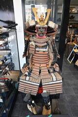 Japan tourism, Japanese history and culture. Old Japanese combat uniform 'Yoroi' and 'Kabuto'. Japanese Armor and Samurai Warrior helmet.