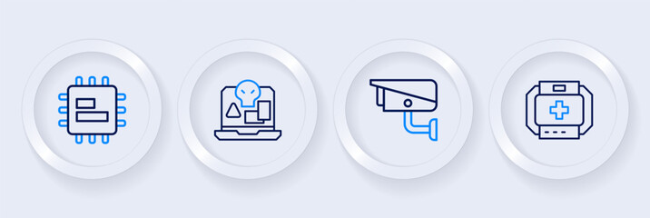 Set line First aid kit, Security camera, Internet piracy and Processor CPU icon. Vector