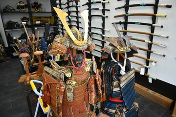 Japan tourism, Japanese history and culture. Old Japanese combat uniform 'Yoroi' and 'Kabuto'. Japanese Armor and Samurai Warrior helmet.