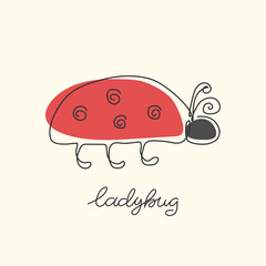 Handwritten lettering.Cute continuous line ladybug. Funny doodle ladybird.  Lady beetle isolated on white background