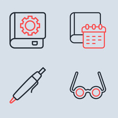 Set line Daily paper notepad, Pen, Glasses and User manual icon. Vector