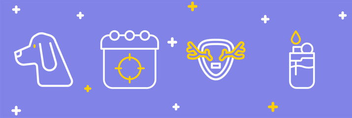 Set line Lighter, Deer antlers on shield, Target sport and Hunting dog icon. Vector