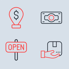 Set line Stacks paper money cash, Hanging sign with text Open, Delivery hand box and Cash location pin icon. Vector