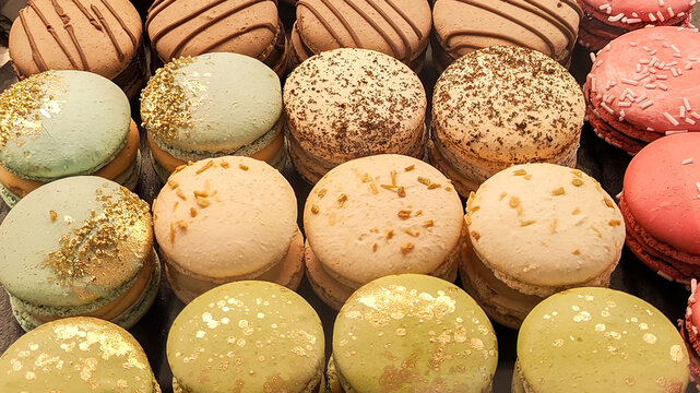 french macaroons of high pastry assortment of colors and decorations