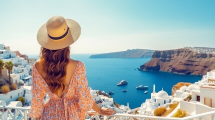 Europe Greece Santorini travel vacation. Woman looking at view on famous travel destination....