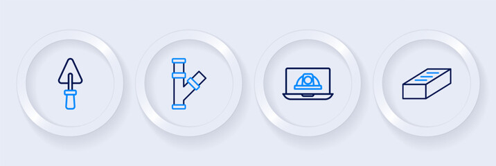 Set line Brick, Worker safety helmet, Industry metallic pipe and Trowel icon. Vector