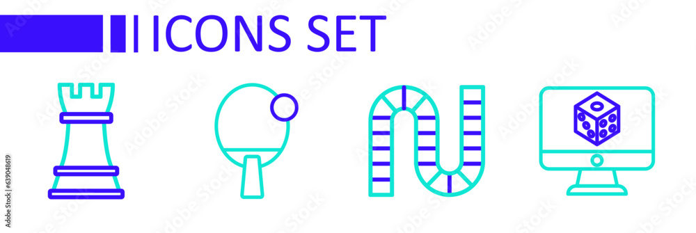 Poster set line game dice, board game, racket and chess icon. vector