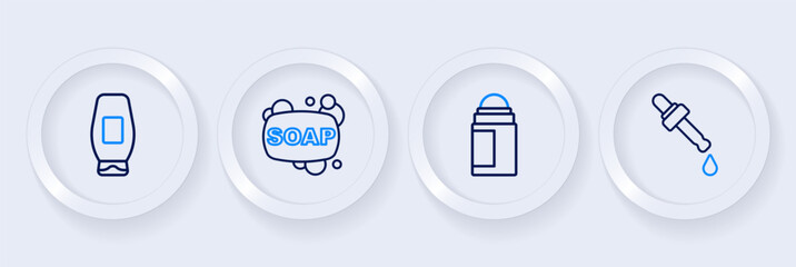 Set line Pipette with oil, Deodorant roll, Bar of soap and Bottle shampoo icon. Vector