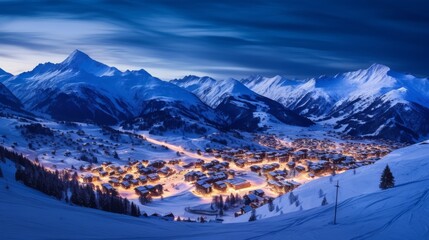 Evening landscape and ski resort in French Alps,Saint jean d'Arves, France