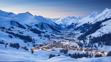 Evening landscape and ski resort in French Alps,Saint jean d'Arves, France