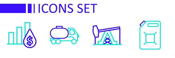 Set line Canister for gasoline, Oil pump pump jack, Tanker truck and Pie chart and dollar icon. Vector