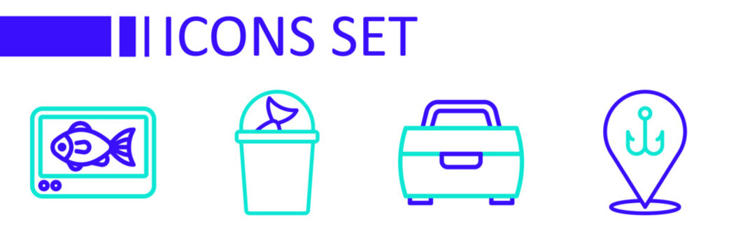 Set line Fishing hook, Fisherman hat and finder echo sounder icon. Vector