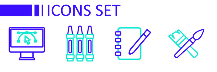 Set line Paint brush, Notebook, Wax crayons for drawing and Computer with design program icon. Vector