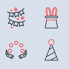 Set line Magician hat and rabbit ears, Juggling ball, Party and Carnival garland with flags icon. Vector