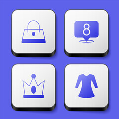 Set Handbag, 8 March, King crown and Woman dress icon. White square button. Vector