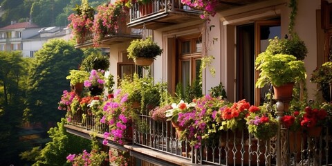 Fototapeta na wymiar Beautiful balcony with lots of flowering plants.