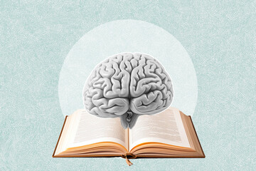 Brain over a book, concept of creativity, learning and acquiring knowledge